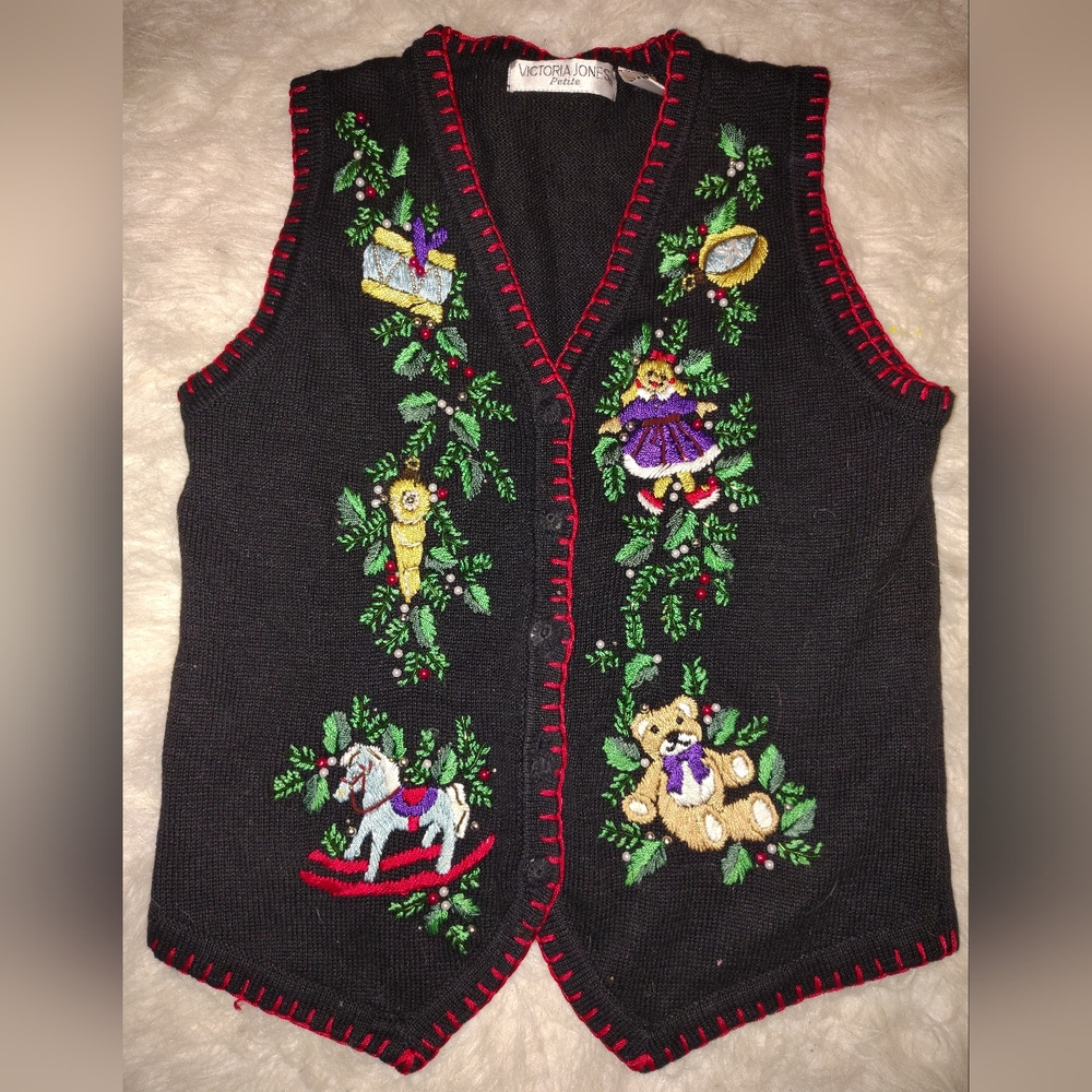 Beautiful Christmas Holiday Embroidered Black Vest with Red Trim
